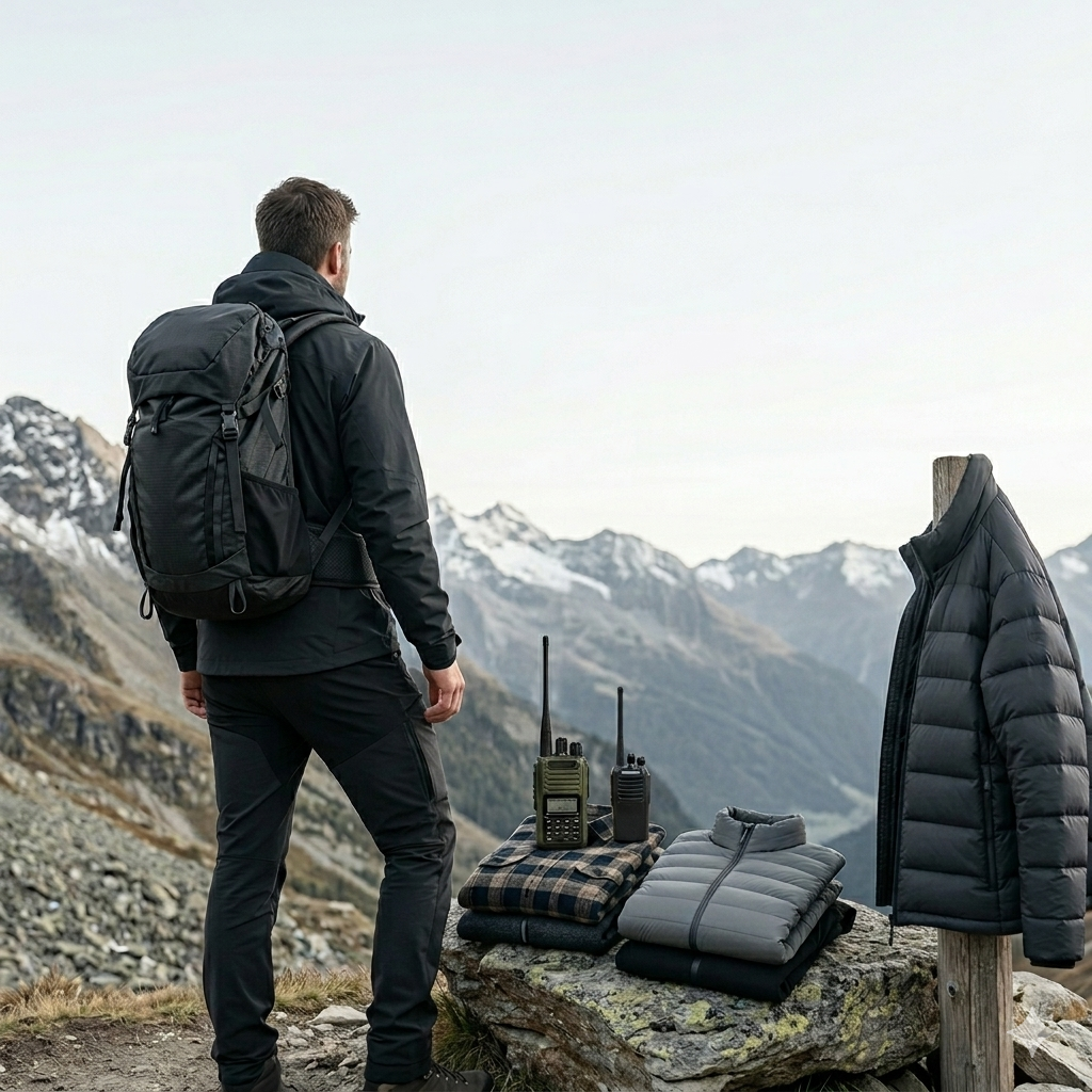 Outdoor clothing set in mountain environment