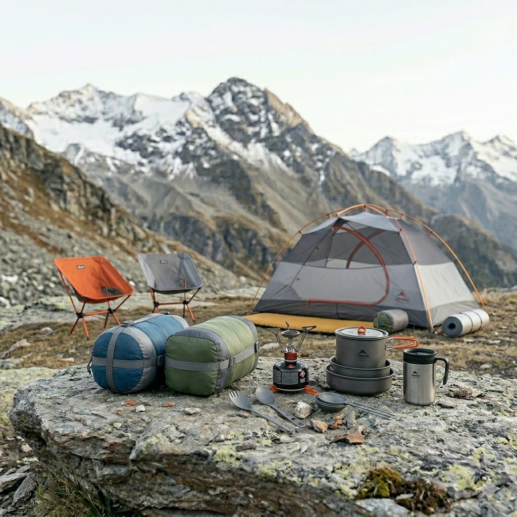 Camping gear setup in mountain landscape