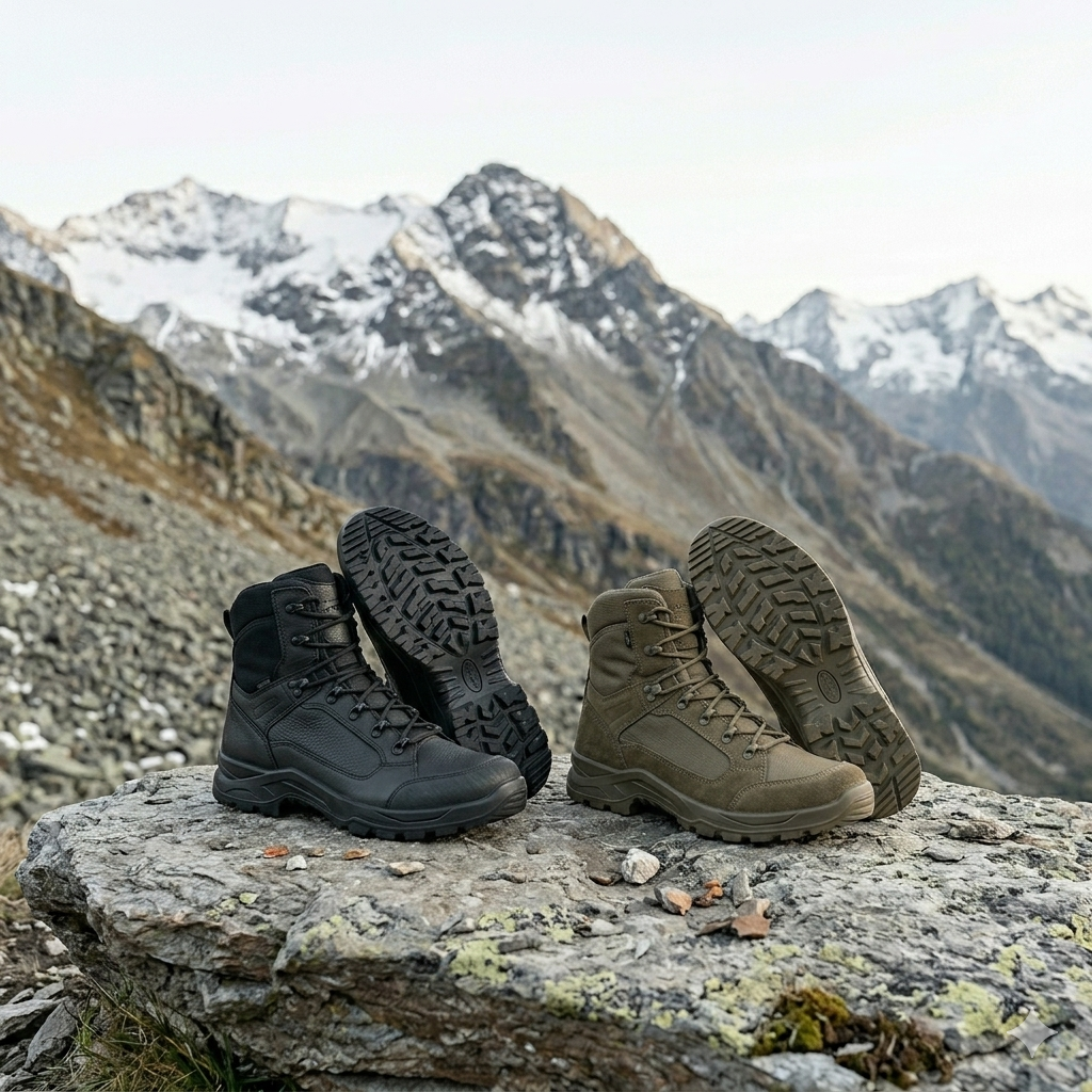 Durable outdoor boots in alpine landscape