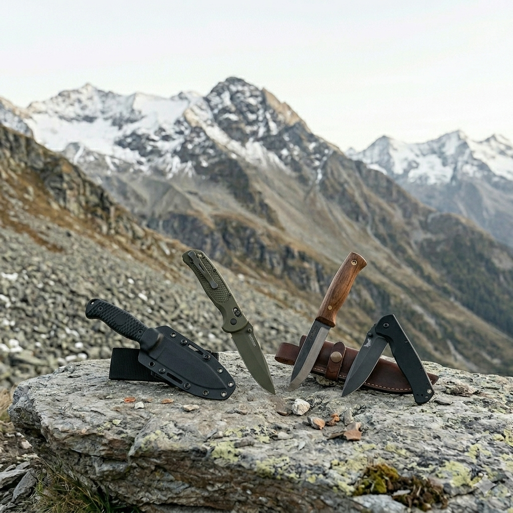 Survival tools including axe and knife in natural setting